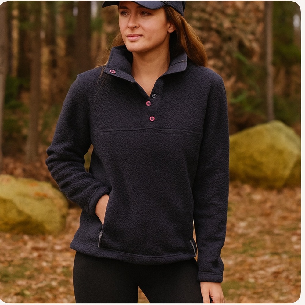Vintage LL Bean Snap Pullover Fleece Blue Sweater Sweatshirt Women Size Medium - Picture 1 of 10